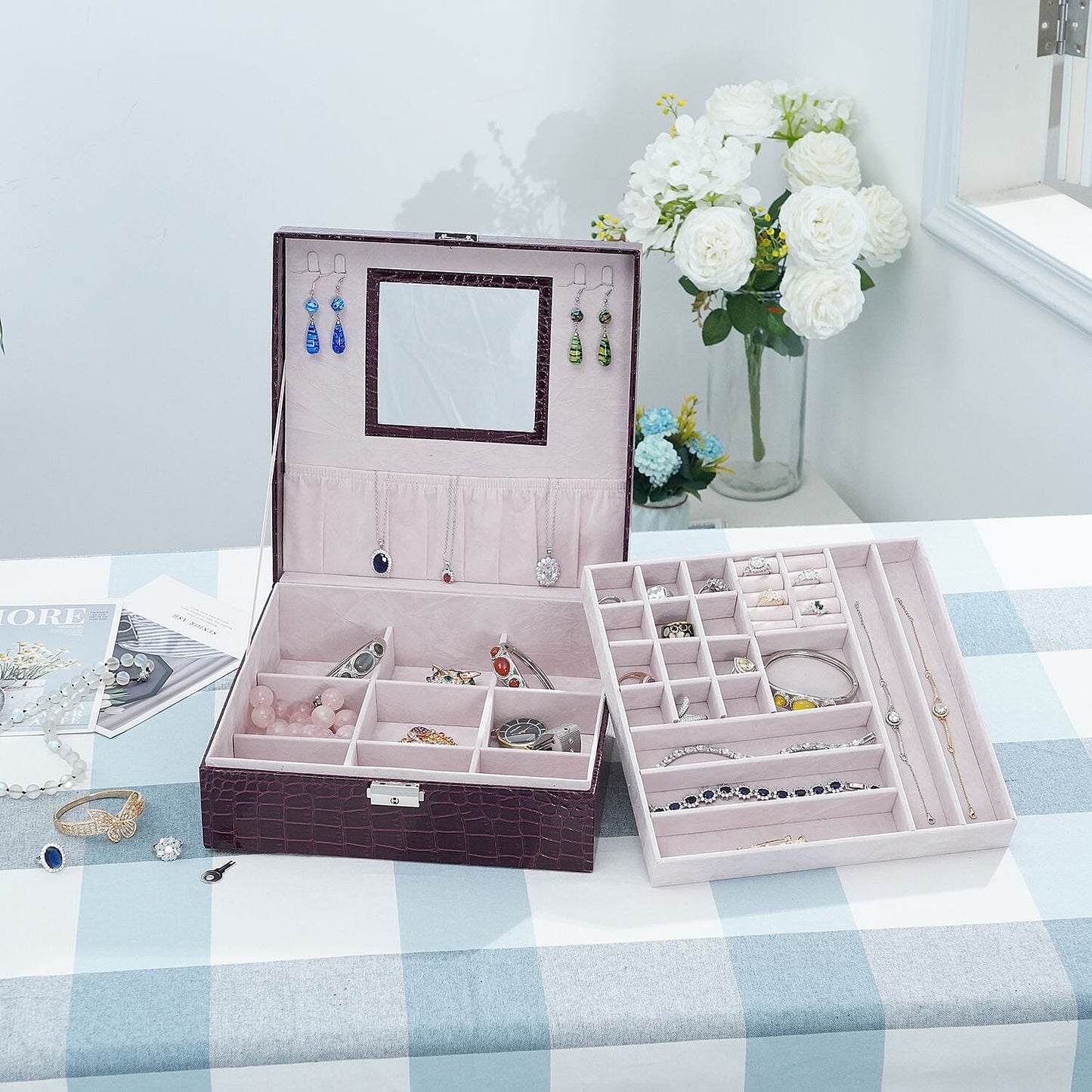 Pink Crocodile Skin Pattern 2 Layer Jewelry Box with Mirror & Lock