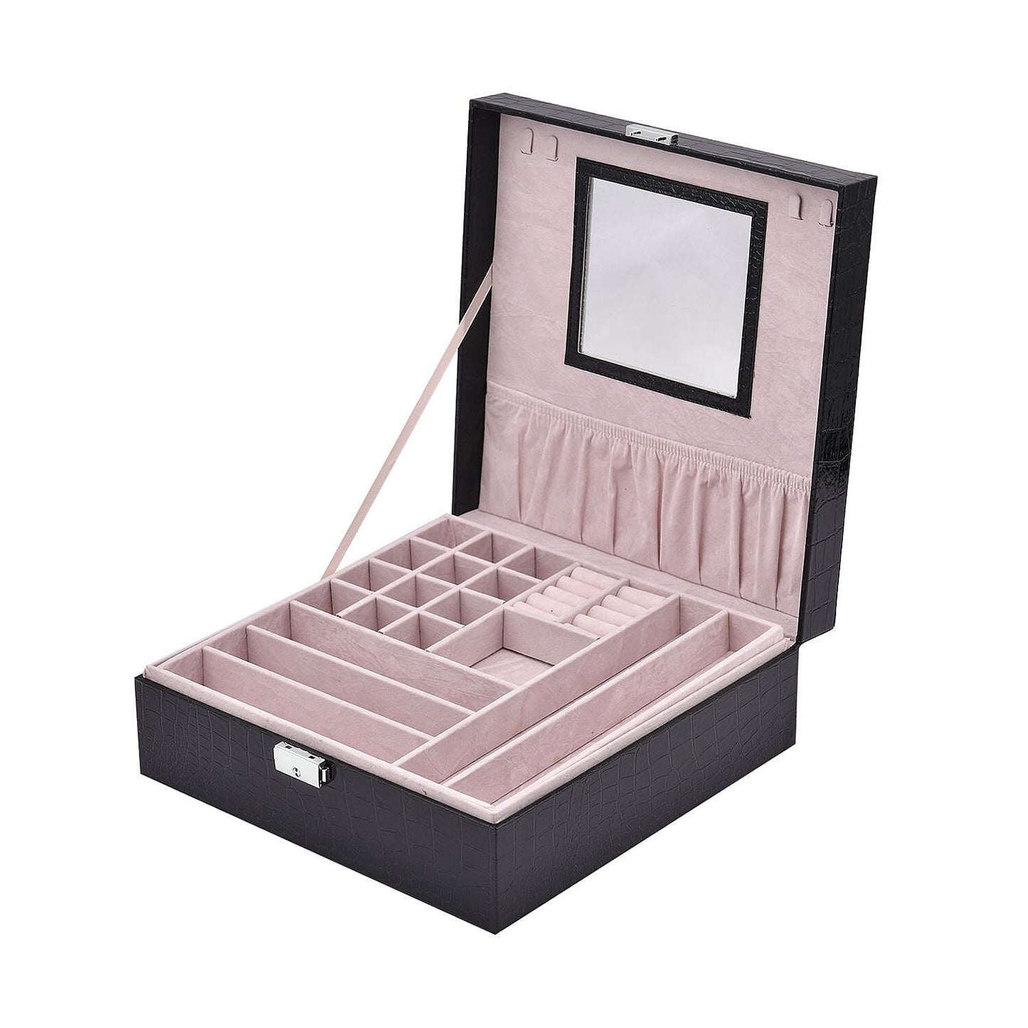 Pink Crocodile Skin Pattern 2 Layer Jewelry Box with Mirror & Lock