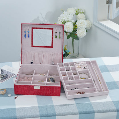 Pink Crocodile Skin Pattern 2 Layer Jewelry Box with Mirror & Lock