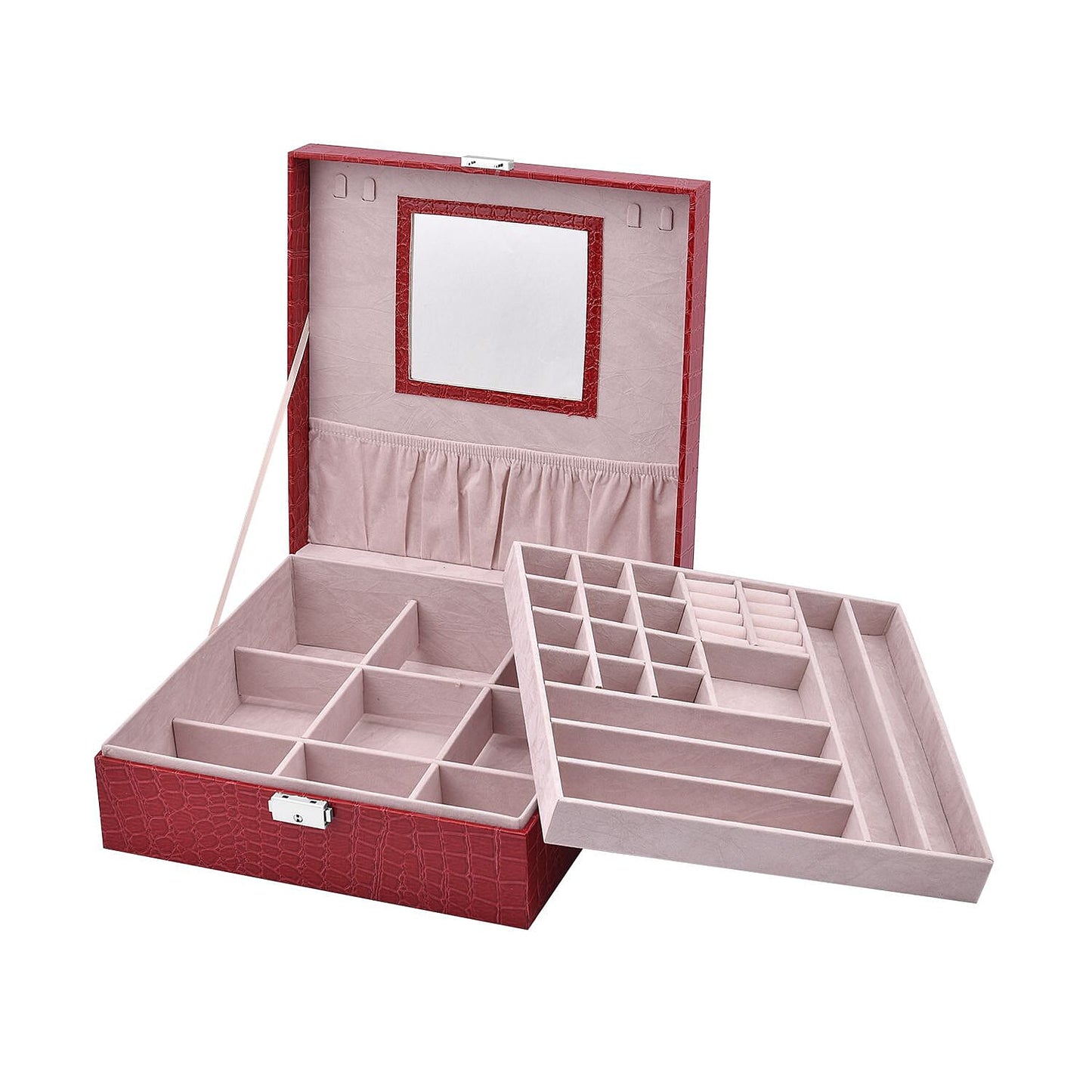 Pink Crocodile Skin Pattern 2 Layer Jewelry Box with Mirror & Lock