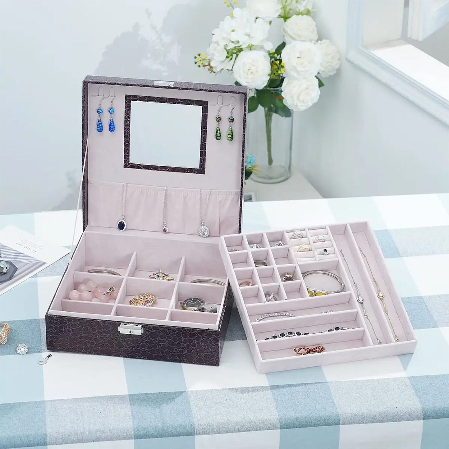 Pink Crocodile Skin Pattern 2 Layer Jewelry Box with Mirror & Lock