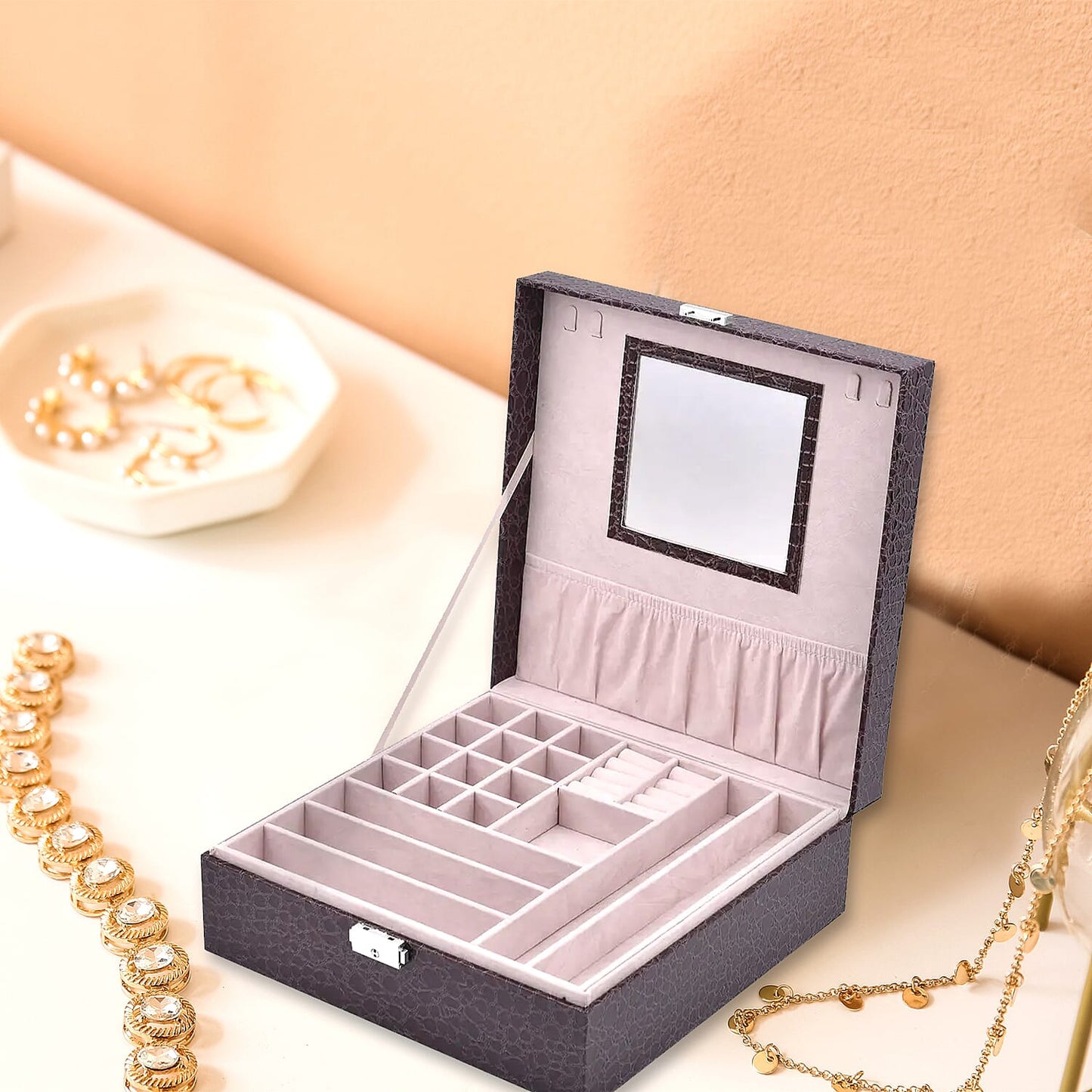 Pink Crocodile Skin Pattern 2 Layer Jewelry Box with Mirror & Lock