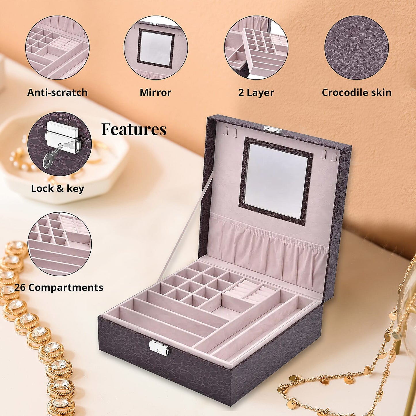 Pink Crocodile Skin Pattern 2 Layer Jewelry Box with Mirror & Lock