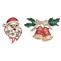 Set of 2 Black and White Austrian Crystal, Enameled Santa Face and Jingle Bells Brooch in Goldtone