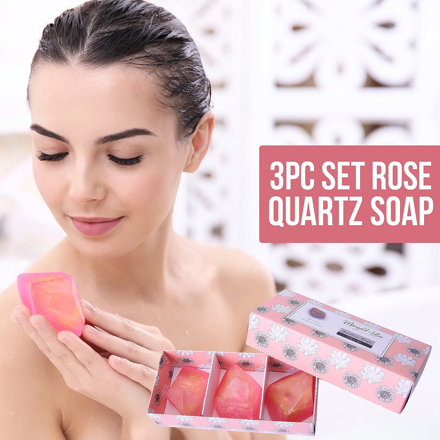 MARIGOLD & LOTUS 3pc Set Rose Quartz Soap Rock with Crystal Infused and Strawberry Fragrance