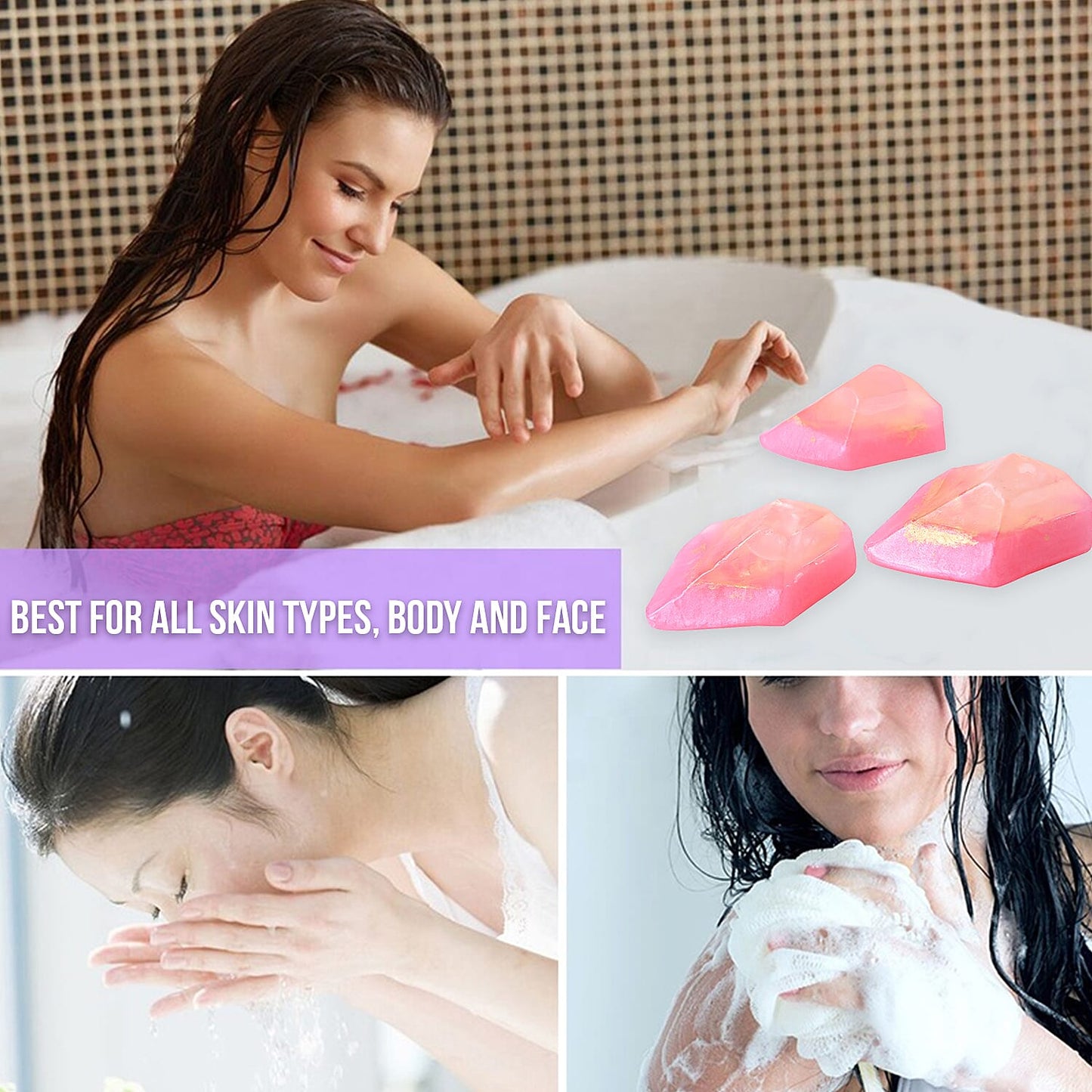 MARIGOLD & LOTUS 3pc Set Rose Quartz Soap Rock with Crystal Infused and Strawberry Fragrance