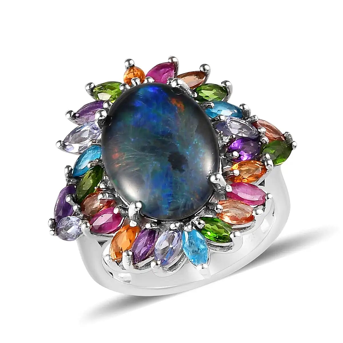 Australian Boulder Opal Triplet, Multi Gemstone Floral Spray Ring in Platinum Over Sterling Silver 5.65 ctw