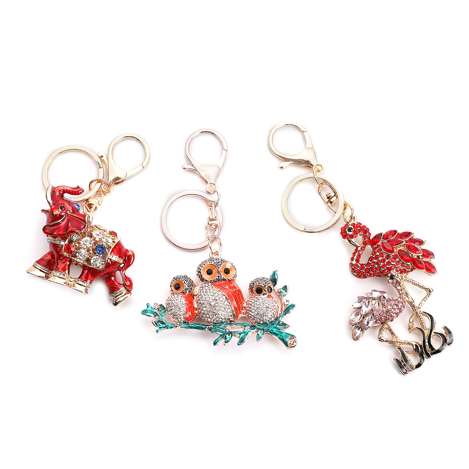 Set of 3 Multi Color Austrian Crystal, Enameled Flamingo, Elephant and Owl Keychain in Rosetone
