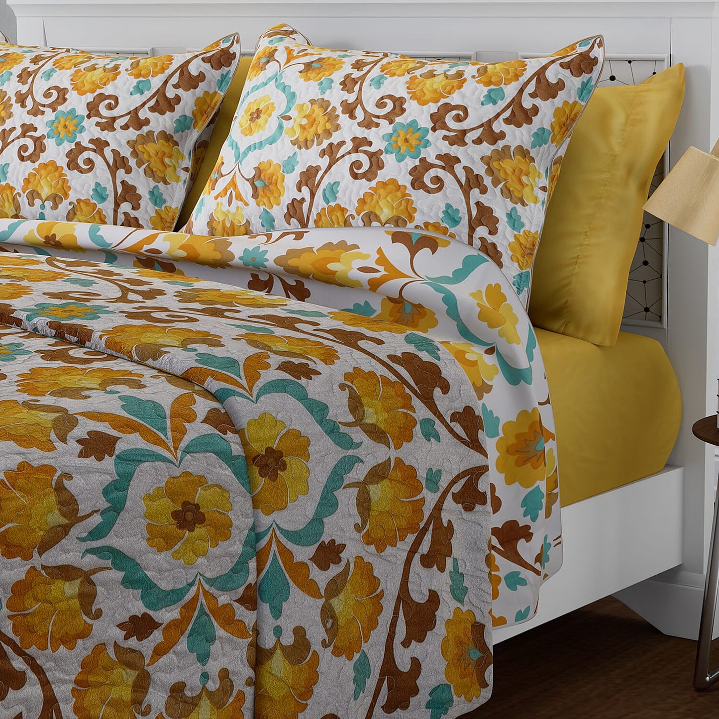 HOMESMART Yellow Floral Print 7pc Quilt and Sheet Set - Queen (100% Microfiber)