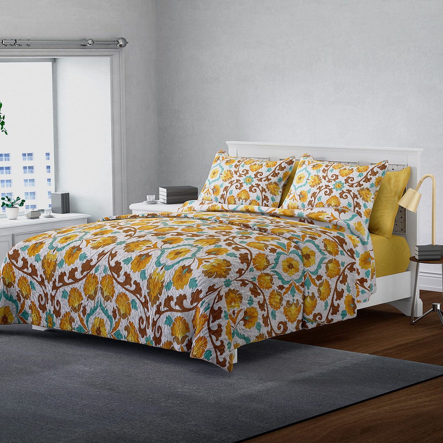 HOMESMART Yellow Floral Print 7pc Quilt and Sheet Set - Queen (100% Microfiber)