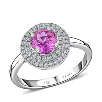 ILIANA 18K White Gold AAA Madagascar Pink Sapphire and Diamond G-H SI Double Halo Ring 4.10 Grams 1.25 ctw
