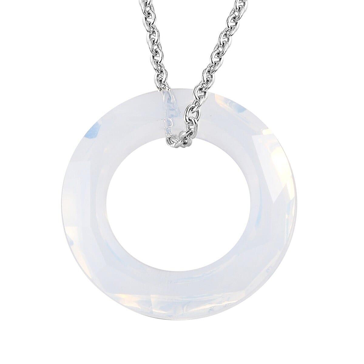 White Opal Crystal Circle Pendant Necklace 20 Inches in Platinum Over Sterling Silver