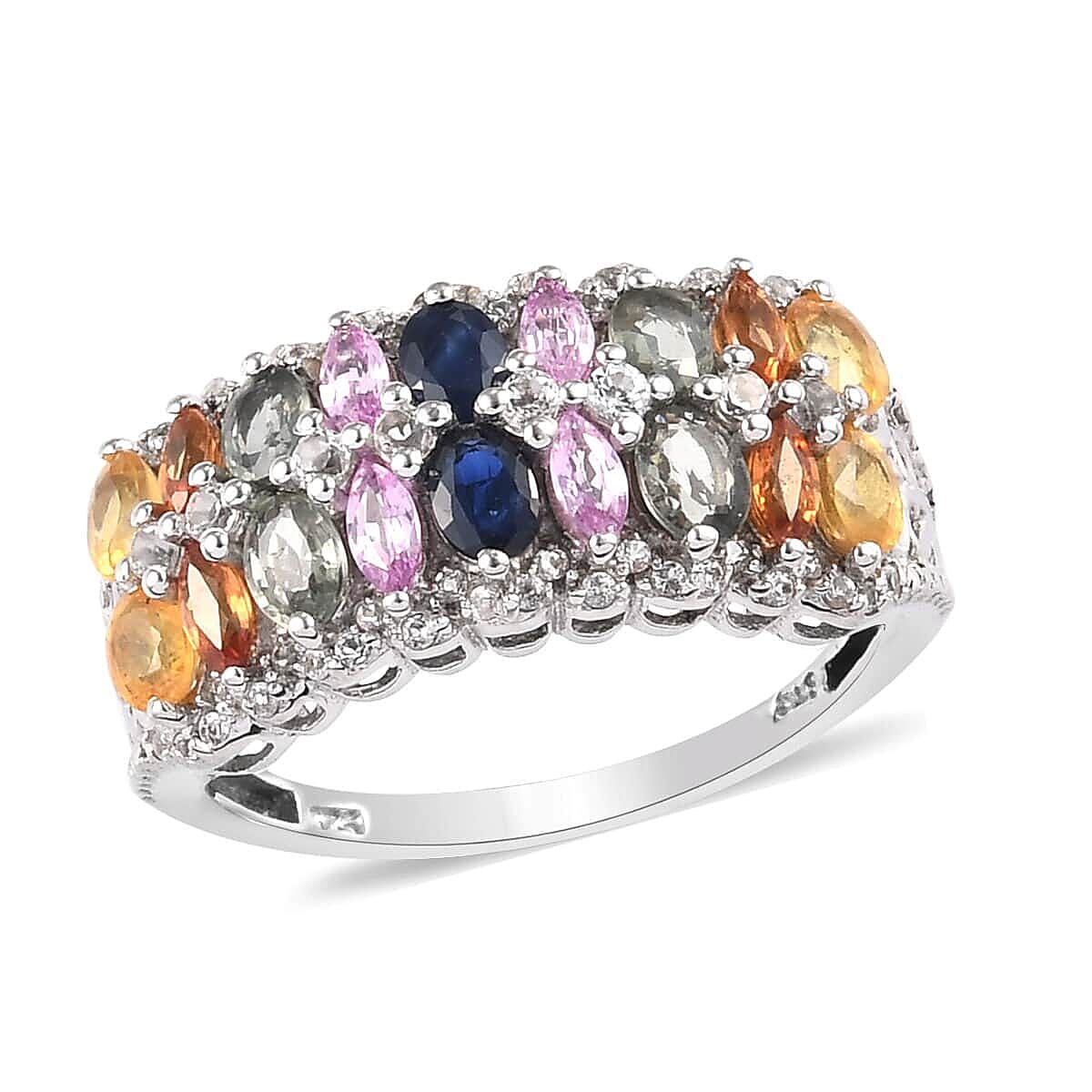 Multi Sapphire and White Zircon Ring in Platinum Over Sterling Silver 3.50 ctw