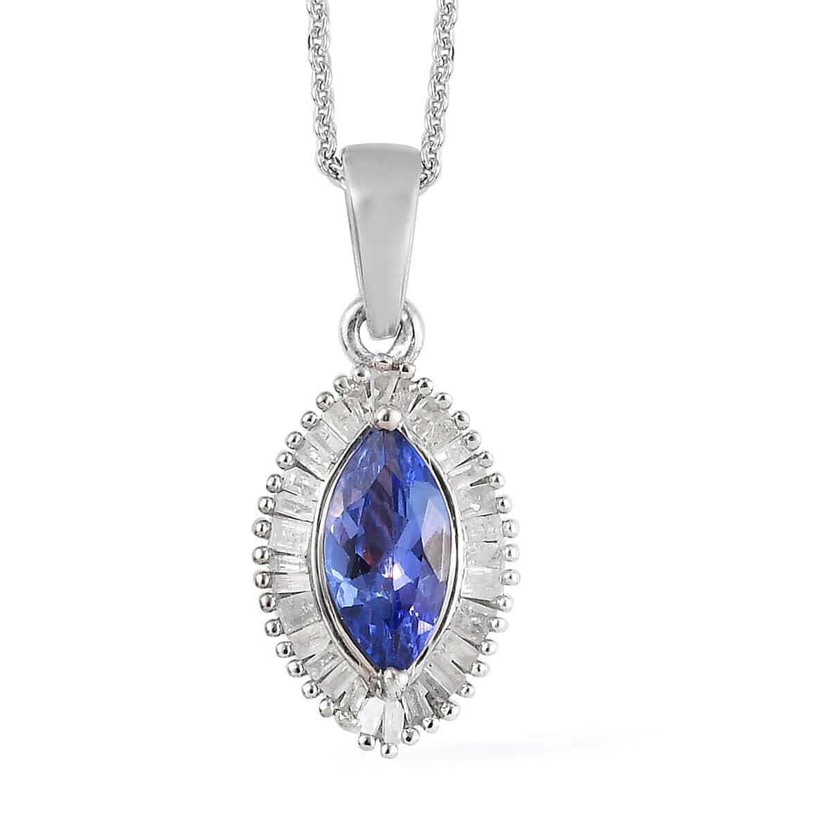 Elongated Tanzanite and Diamond Pendant Necklace 20 Inches in Platinum Over Sterling Silver 1.25 ctw