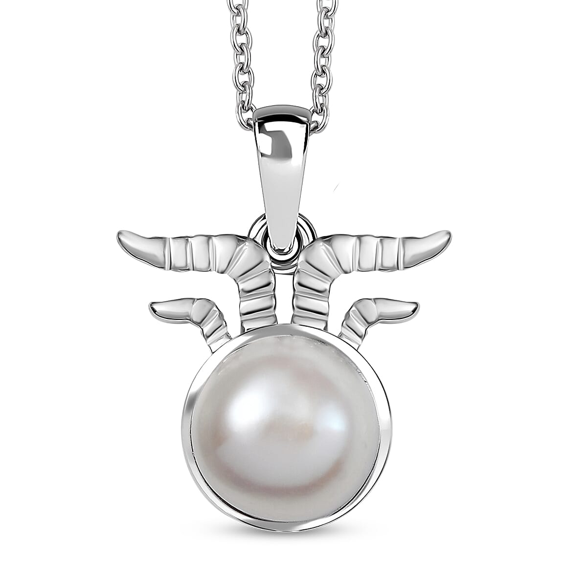 Freshwater Pearl Capricorn Zodiac Pendant Necklace (18 Inches) in Platinum Over Sterling Silver