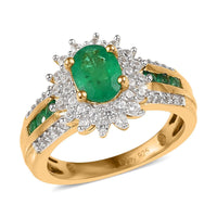 AAA Kagem Zambian Emerald, Natural White Zircon Sunburst Ring in Vermeil YG Over Sterling Silver (Size 10.0) 1.70 ctw