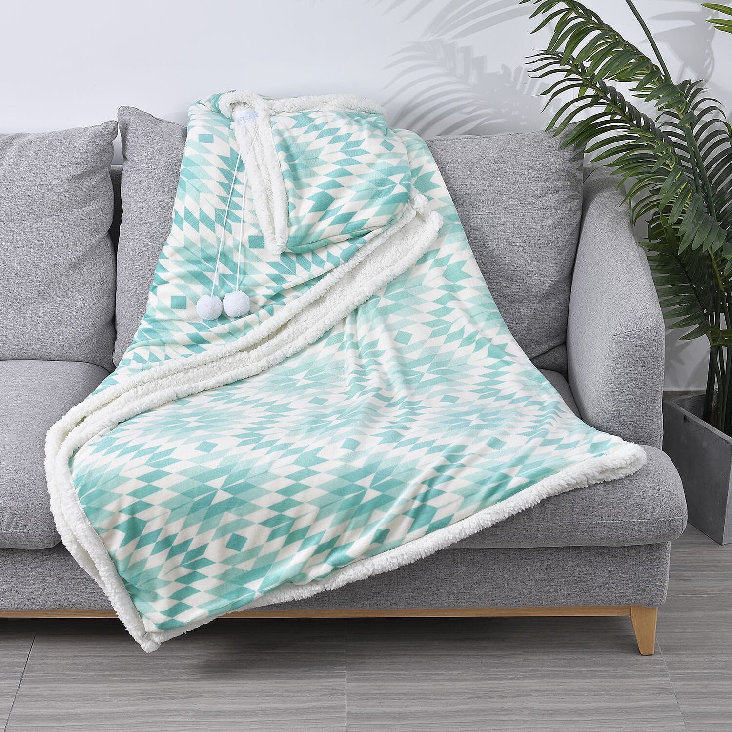 HOMESMART Green Geometrical Print Polyester & Sherpa Hoodie Blanket with Pom Pom (59"x78")
