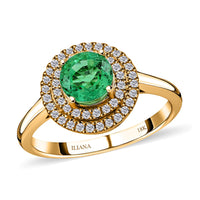 ILIANA AAA Kagem Zambian Emerald and Diamond G-H SI Double Halo Ring in 18K Yellow Gold 4.50 Grams 1.25 ctw