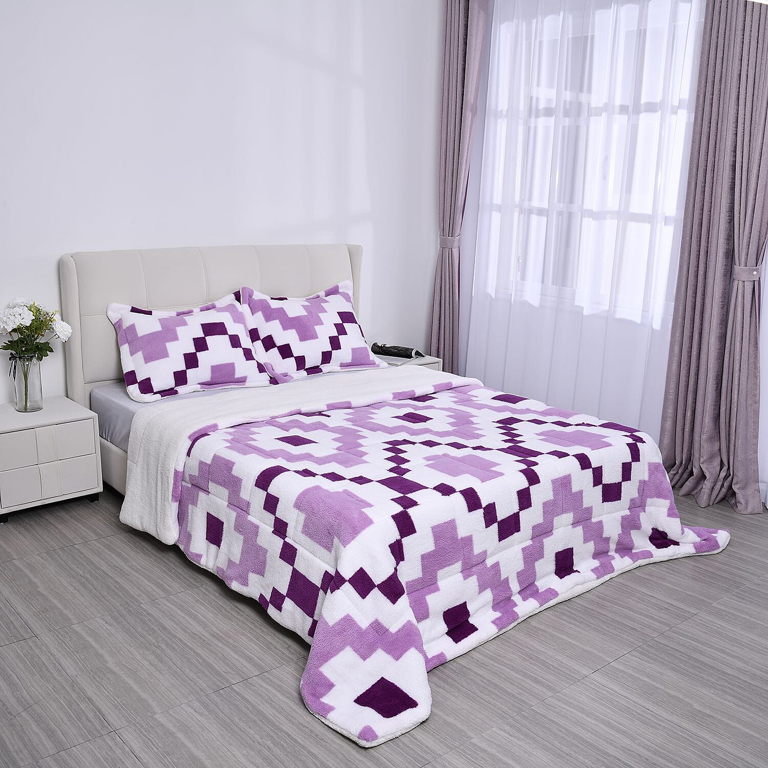 HOMESMART Set of 3 Purple Checkered Printed Sherpa Comforter (88x92) and Pillowcase (20x26)