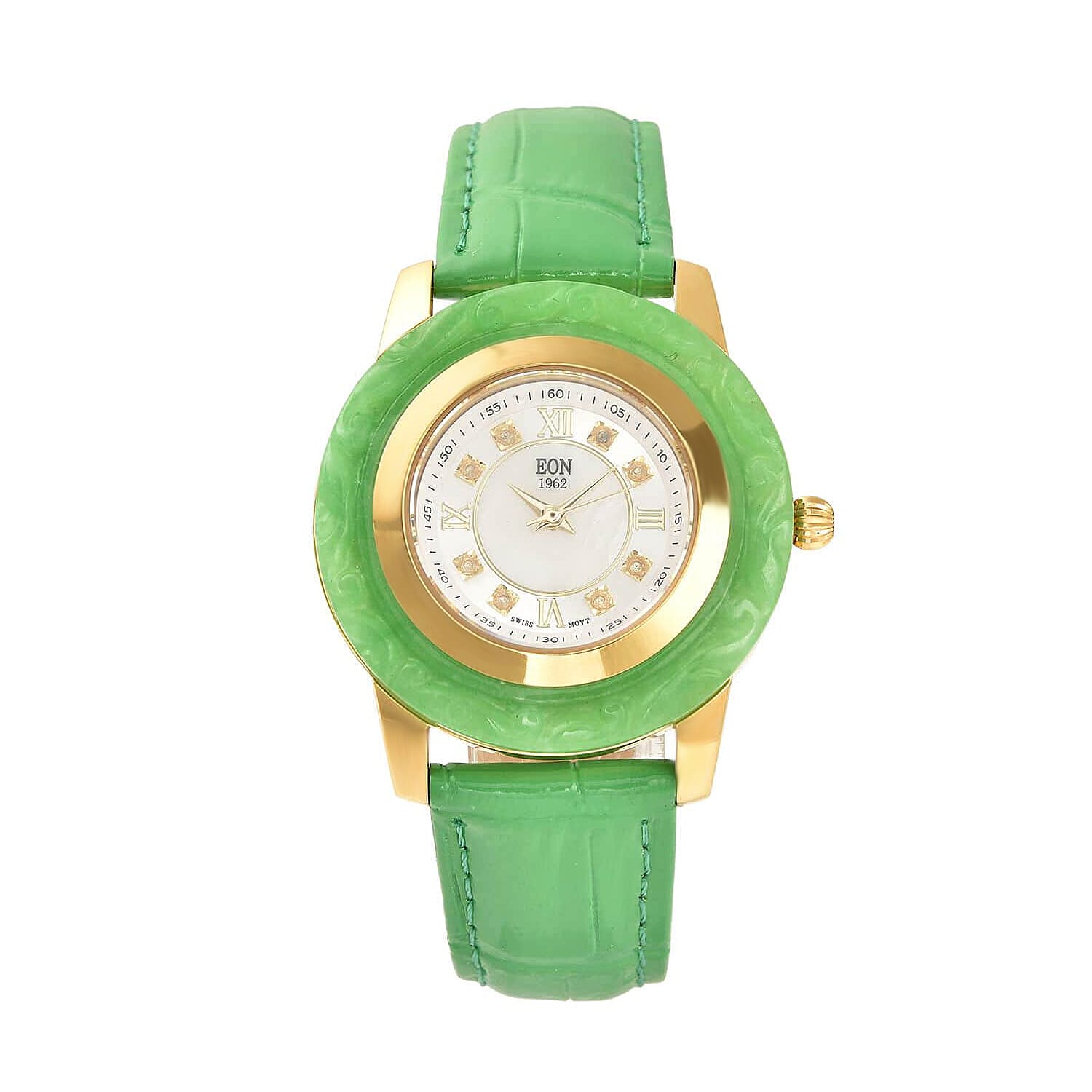 Doorbuster EON 1962 Swiss Movement Green Jade Carved, White Topaz Watch with Green Leather Strap (6.50-8.25 Inches) 17.50 ctw