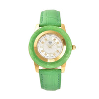 Doorbuster EON 1962 Swiss Movement Green Jade Carved, White Topaz Watch with Green Leather Strap (6.50-8.25 Inches) 17.50 ctw