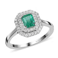 Certified Rhapsody 950 Platinum AAAA Boyaca Colombian Emerald, Diamond (E-F, VS) (0.30 cts) Double Halo Ring (Size 6.0) (4.75 g) 1.00 ctw