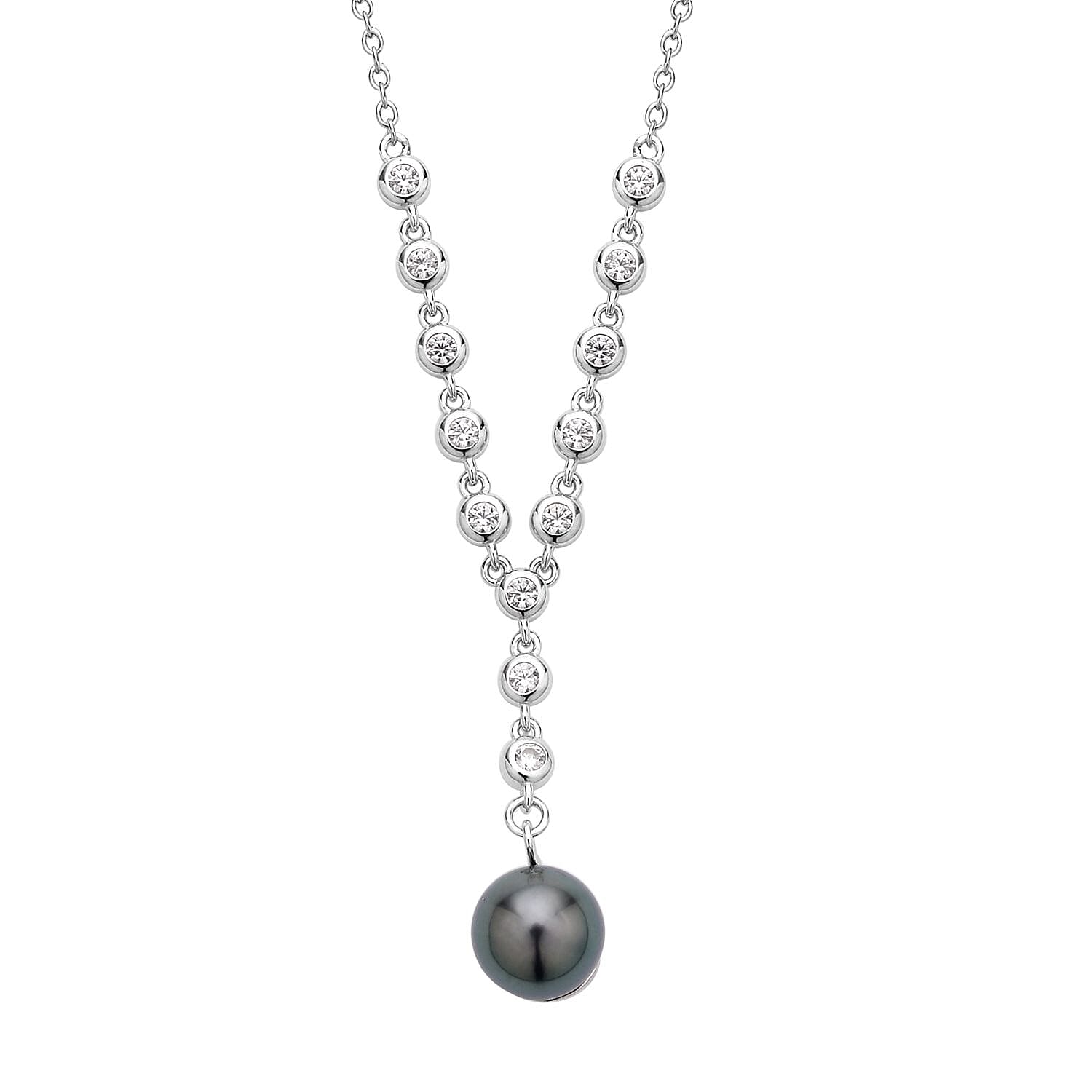 Tahitian Cultured Pearl 9-10mm and White Zircon Necklace 18 Inches in Rhodium Over Sterling Silver 0.65 ctw
