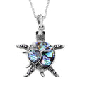 Abalone Shell, Black and Grey Austrian Crystal Turtle Pendant Necklace 20-22 Inches in Silvertone & Stainless Steel