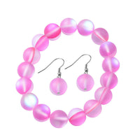 Simulated Pink Color Mystic Topaz Beaded Stretch Bracelet and Earrings in Stainless Steel