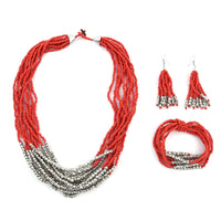 Red Seed Beaded Earrings, Wrap Bracelet and Multi Strand Necklace in Stainless Steel 22 Inches