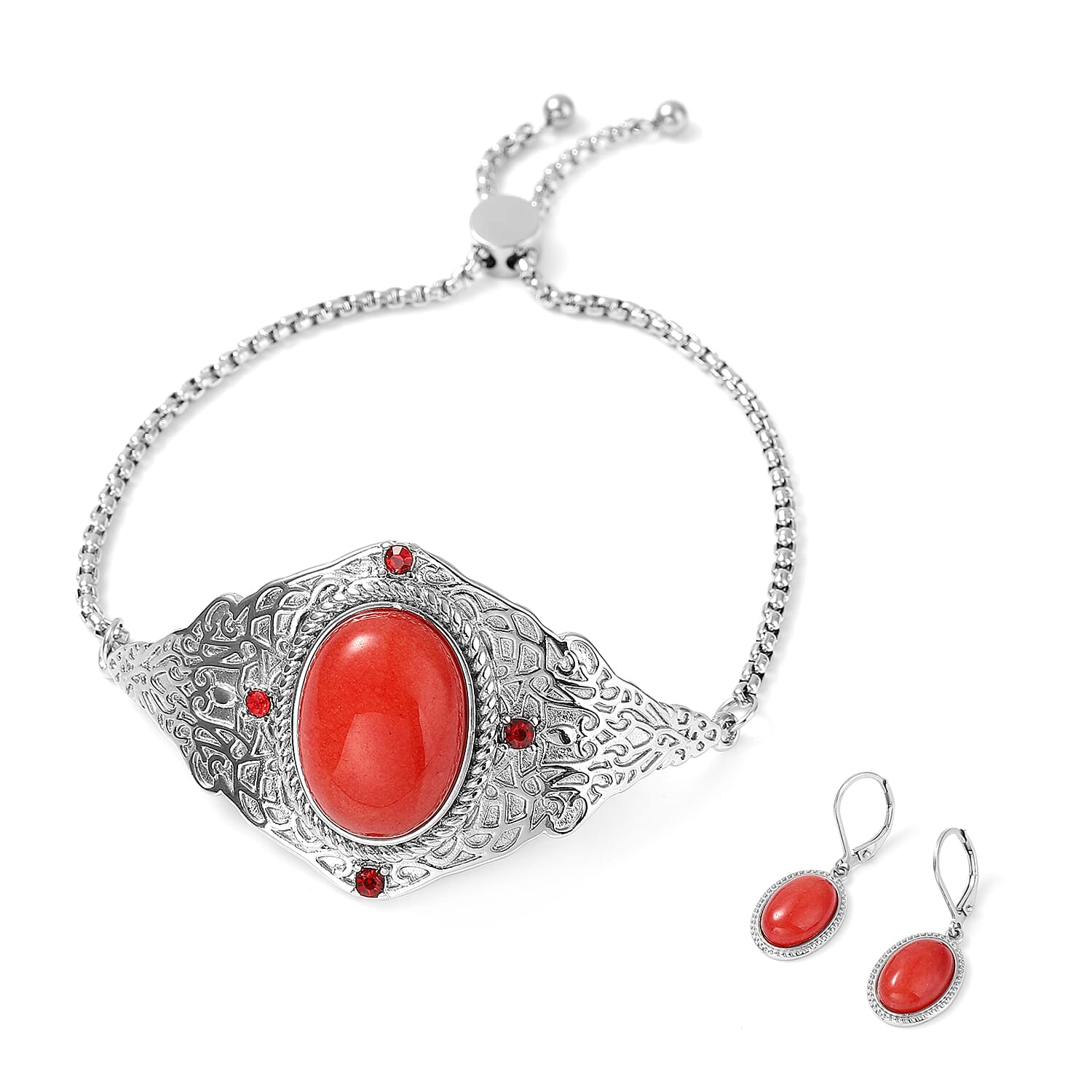 Red Agate and Austrian Crystal Bolo Bracelet and Lever Back Earrings in Stainless Steel 25.50 ctw