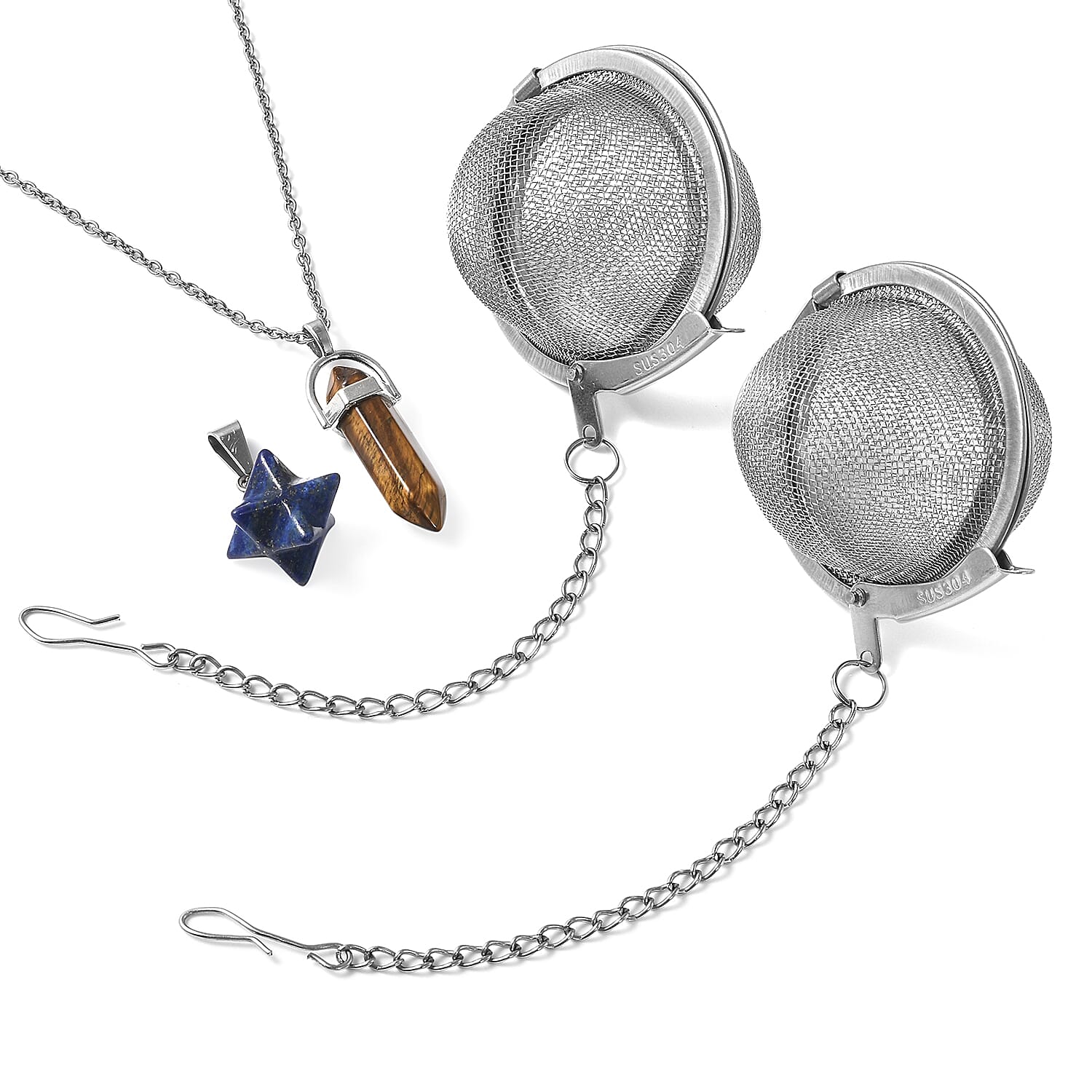 Lapis and South African Yellow Tiger's Eye merkaba and Elongated Set of 2 Pendant Necklace 20 Inches with Set of 2 Tea Diffuser in Silvertone and Stainless Steel 39.00 ctw