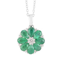 AAA Kagem Emerald, White Zircon 1.85 ctw Flower Pendant Necklace 18 Inches in Rhodium Over Sterling Silver