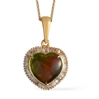 Canadian Ammolite and Diamond Heart Shape Halo Pendant Necklace 20 Inches in Vermeil Yellow Gold Over Sterling Silver 4.60 ctw