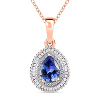 Tanzanite Natural Diamond Necklace in Vermeil RG Over Sterling Silver, Double Halo Pendant, White Diamond Champagne Diamond Necklace (0.35 cts), Diamond Pendant 1.35 ctw (Pear 8x6 mm) (20 Inches)