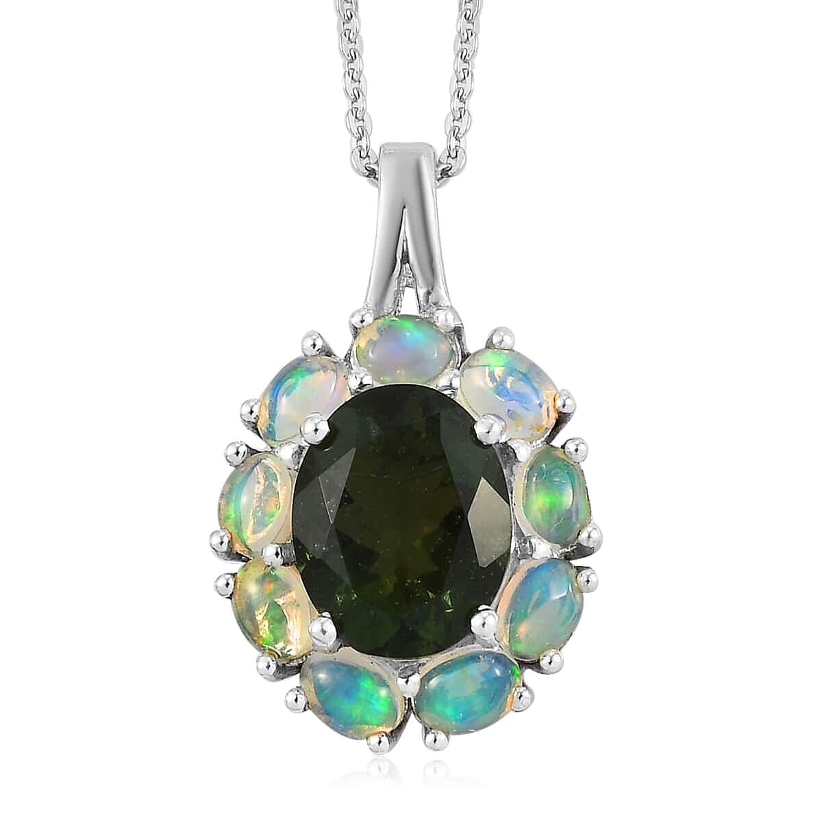 AAA Bohemian Moldavite and Ethiopian Welo Opal Halo Pendant Necklace 20 Inches in Platinum Over Sterling Silver 3.10 ctw