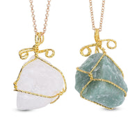 Fluorite and White Crystal Quartz Set of 2 Wire Wrapped Pendant Necklace 24 Inches in Goldtone 260.00 ctw