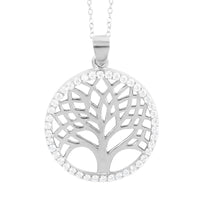 Italian Simulated Diamond Tree of Life Pendant Necklace 18 Inches in Sterling Silver 2.50 Grams