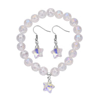 White Aurora Borealis Glass Beaded Star Charm Bracelet (6.50In) and Drop Earrings in Silvertone and Stainless Steel