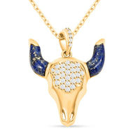 Lapis Lazuli and Simulated Diamond Bull Head Pendant Necklace (18 Inches) in 14K Yellow Gold Over Sterling Silver 1.50 ctw