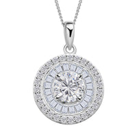 Moissanite Double Halo Pendant Necklace 18 Inches in Rhodium Over Sterling Silver 1.85 ctw