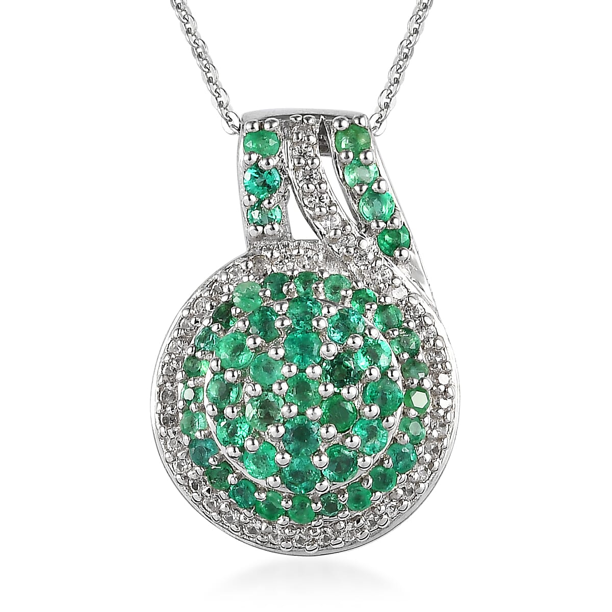 Premium Kagem Zambian Emerald and White Zircon Cluster Pendant Necklace 18 Inches in Platinum Over Sterling Silver 1.60 ctw
