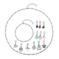 Set of 14, Red, Blue, Green Austrian Crystal and Pink, White, SBT Color Shell Pearl, 1 Necklace (20 Inches), 1 Bracelet, 9 Charms, 3 Silvertone Charms Dragonfly, Elephant & Tree of life