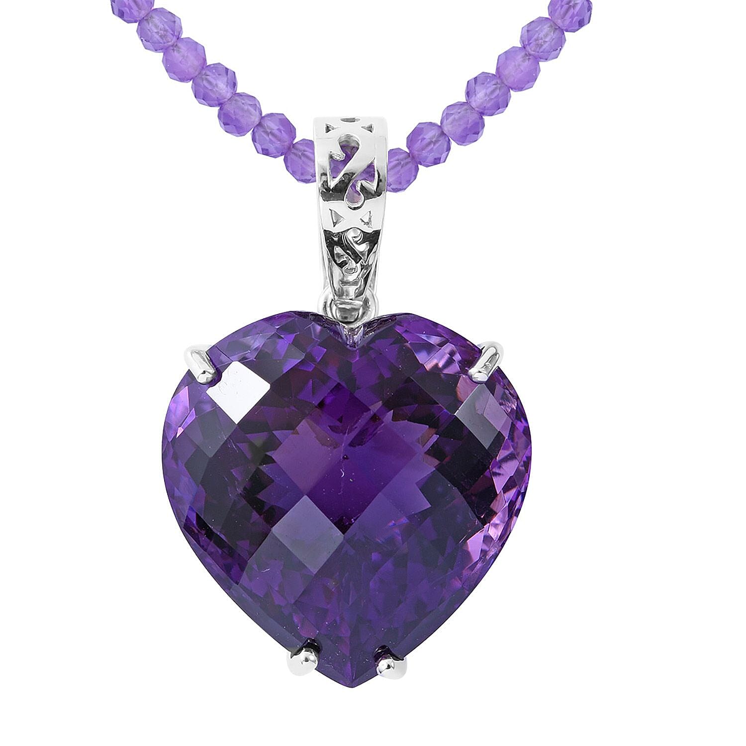 Lusaka Amethyst Heart Pendant with Amethyst Beaded Necklace 18 Inches in Platinum Over Sterling Silver 125.00 ctw