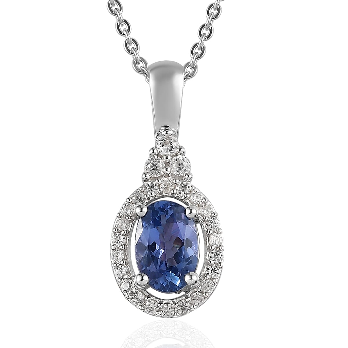 Peacock Tanzanite and White Zircon Halo Pendant Necklace 20 Inches in Platinum Over Sterling Silver 0.90 ctw