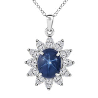 Blue Star Sapphire (DF) and Moissanite 7.15 ctw Sunburst Pendant Necklace 18 Inches in Platinum Over Sterling Silver