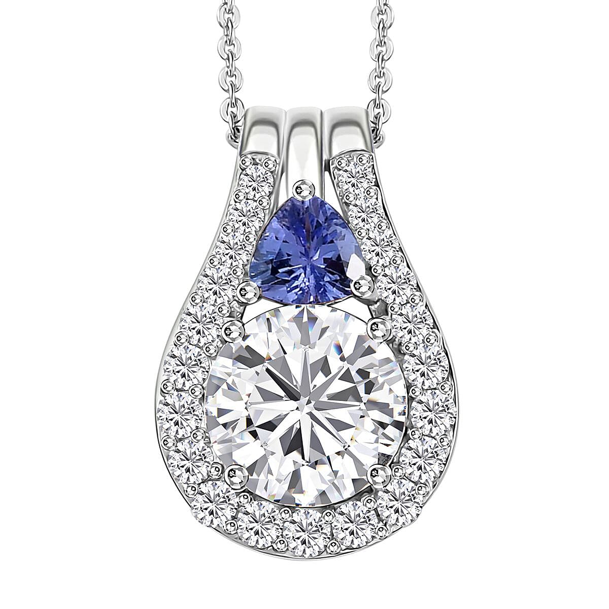 Moissanite and Tanzanite Pendant Necklace 20 Inches in Platinum Over Sterling Silver 3.50 ctw