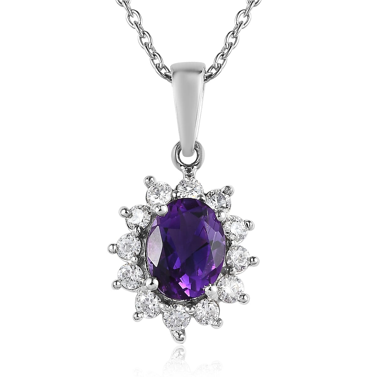 Premium Moroccan Amethyst and Moissanite Sunburst Pendant Necklace 20 Inches in Platinum Over Sterling Silver 1.90 ctw