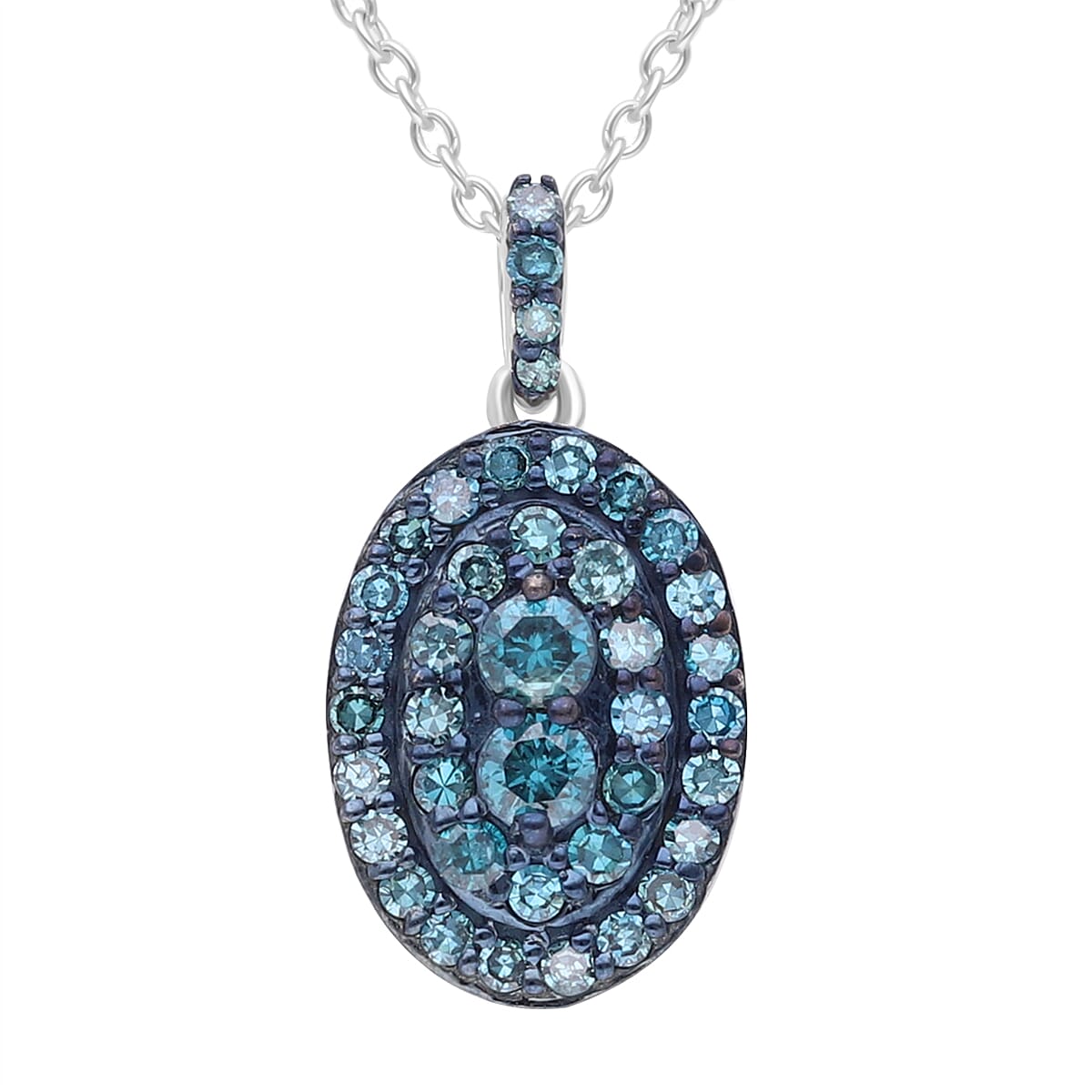 Venice Blue Diamond I1-I2 Cluster Pendant Necklace 18 Inches in Platinum Over Sterling Silver 0.50 ctw