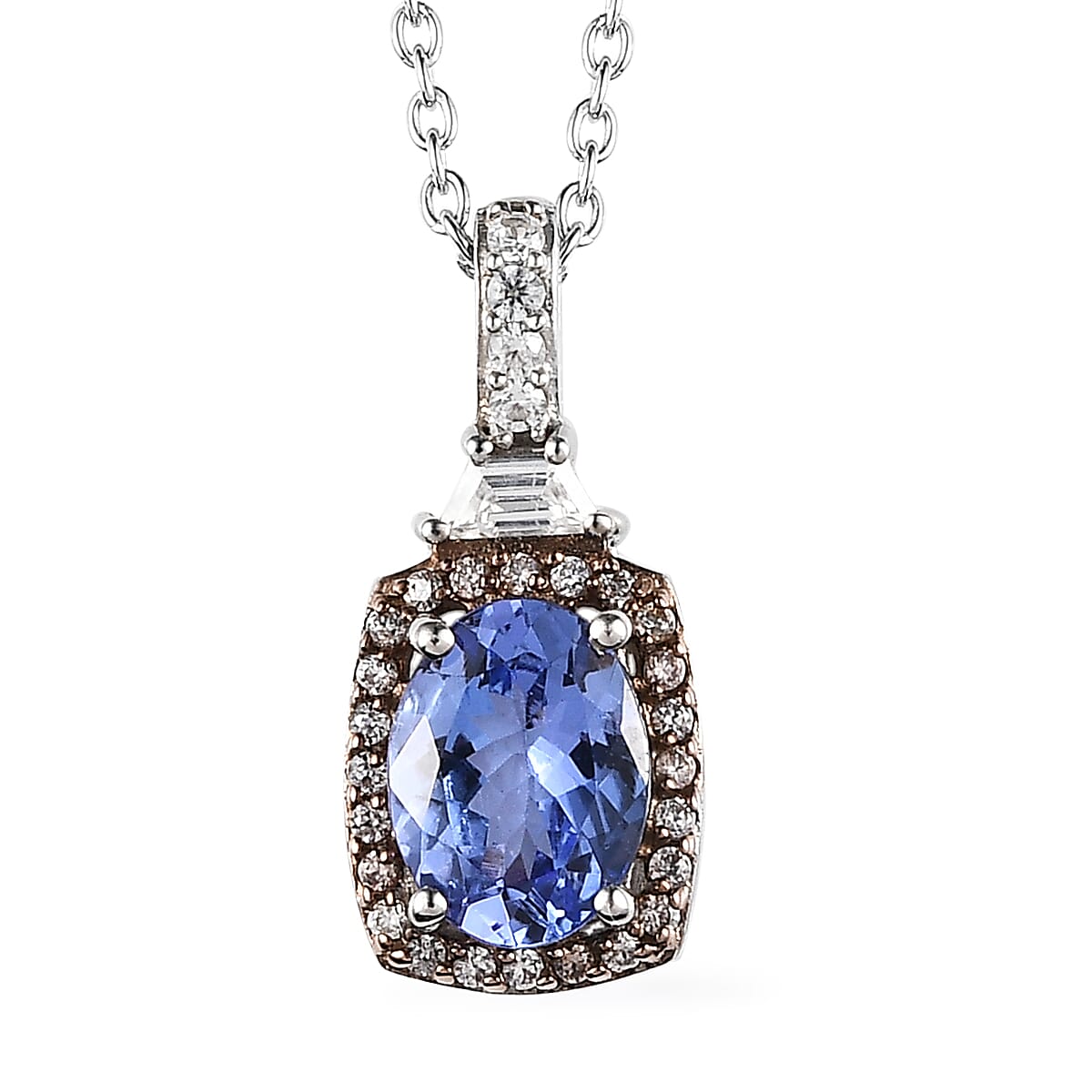 Tanzanite and White and Brown Zircon Halo Pendant Necklace in Platinum Over Sterling Silver, 20 Inch Necklace, Tanzanite Jewelry For Her, Birthday Anniversary Gift For Her 1.65 ctw